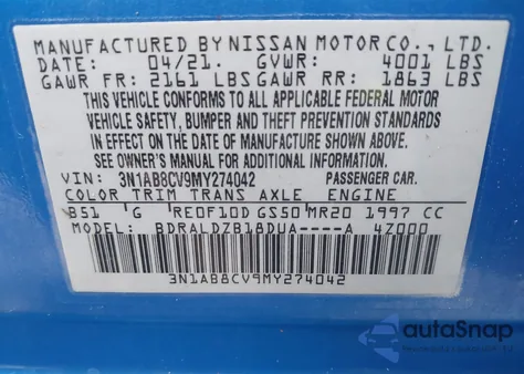 2021 Nissan Sentra Sv Xtronic Cvt from USA, damaged, VIN 3N1AB8CV9MY274042